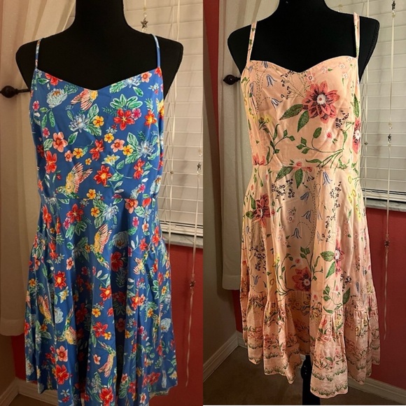 Set of 2 Old Navy fit and flare dresses size large blue pink tropical adjustable - Picture 1 of 13